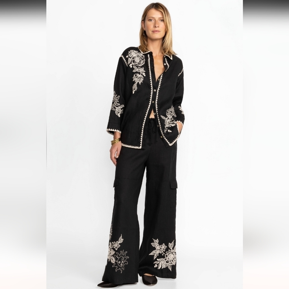 Johnny Was Addison Embroidered Wide-Leg Linen Pants. MSRP $248. Size M